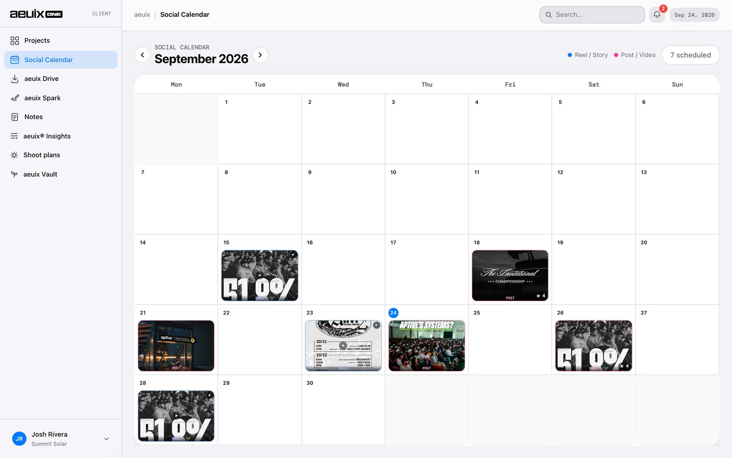 The social calendar in aeuix One: a month of scheduled and published posts