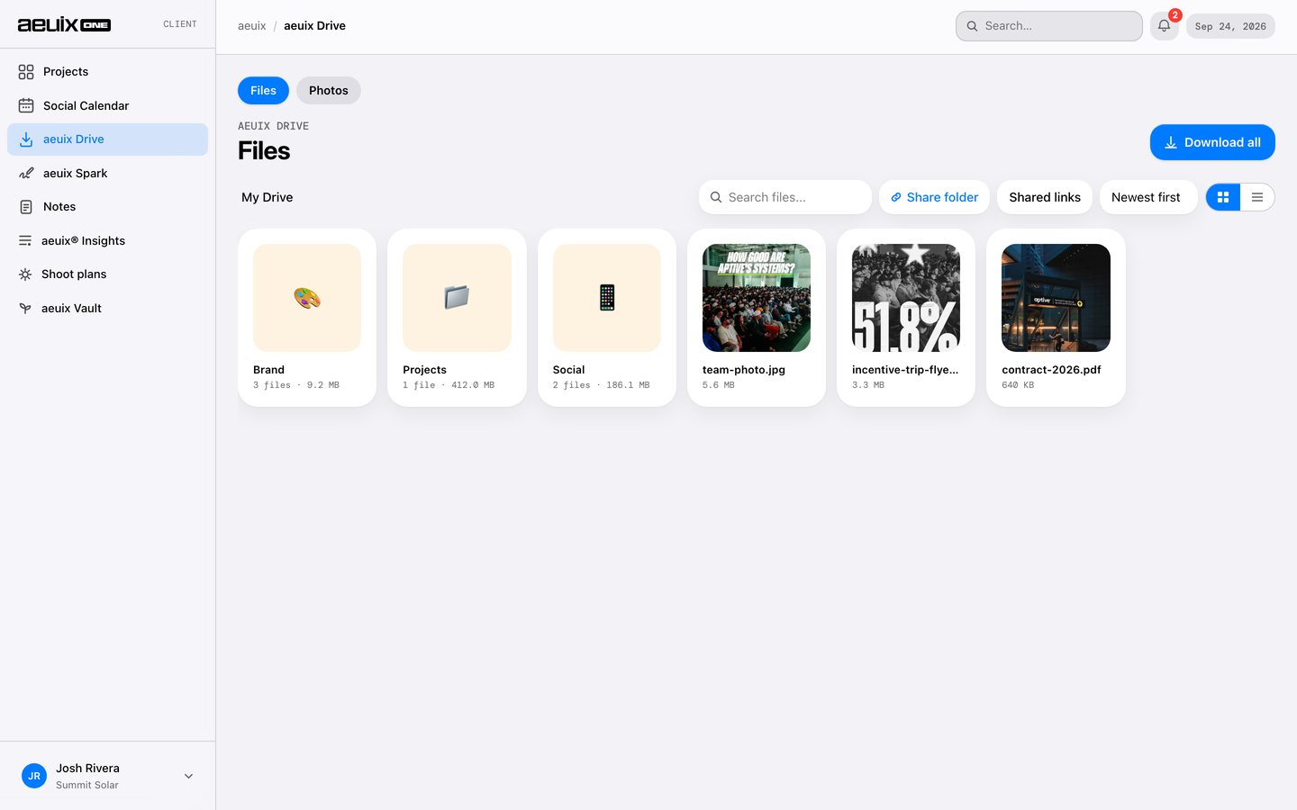 aeuix Drive: brand assets and finished work in folders, with previews