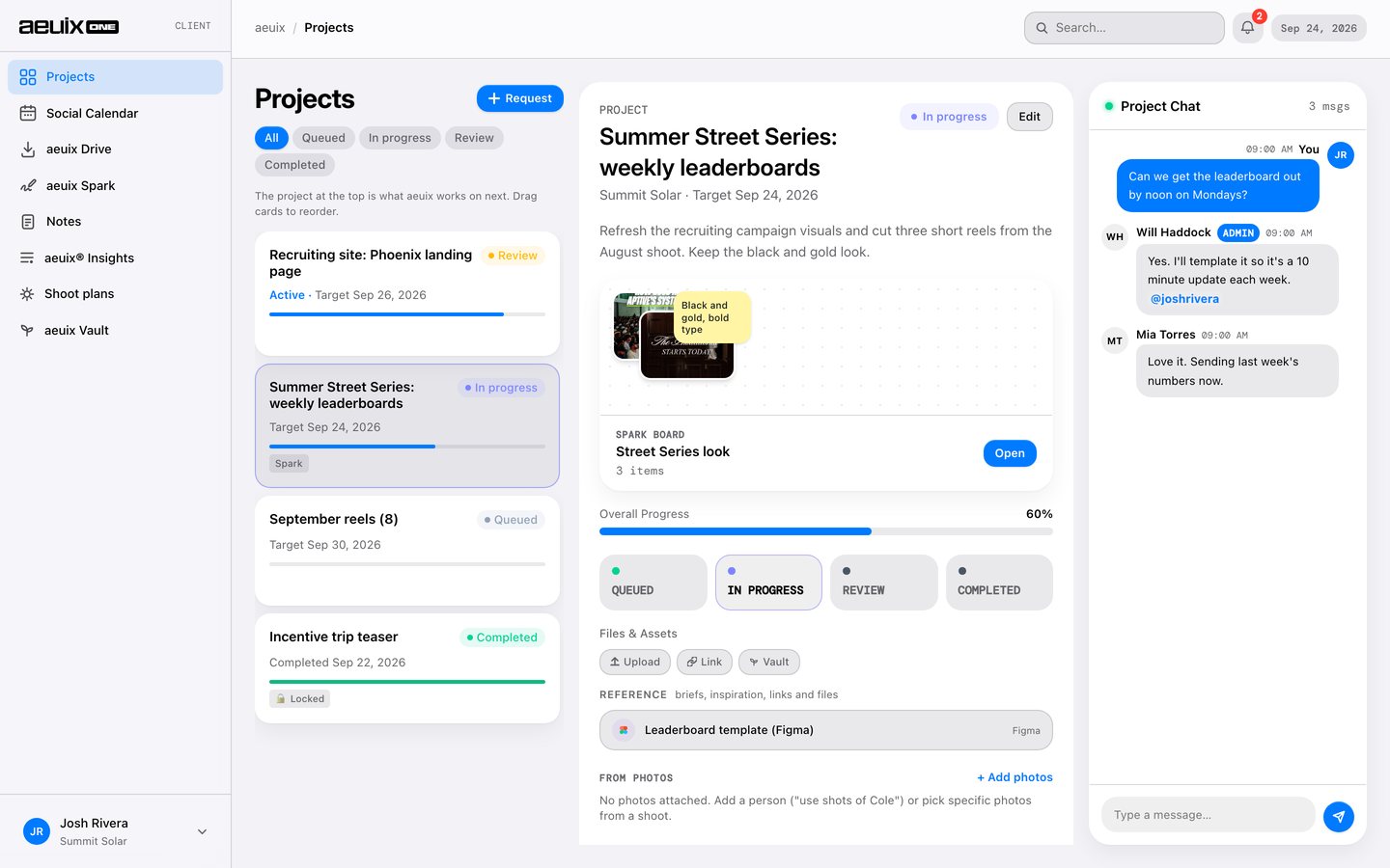The Projects page in aeuix One: the queue on the left, a project with its Spark board and progress in the middle, project chat on the right