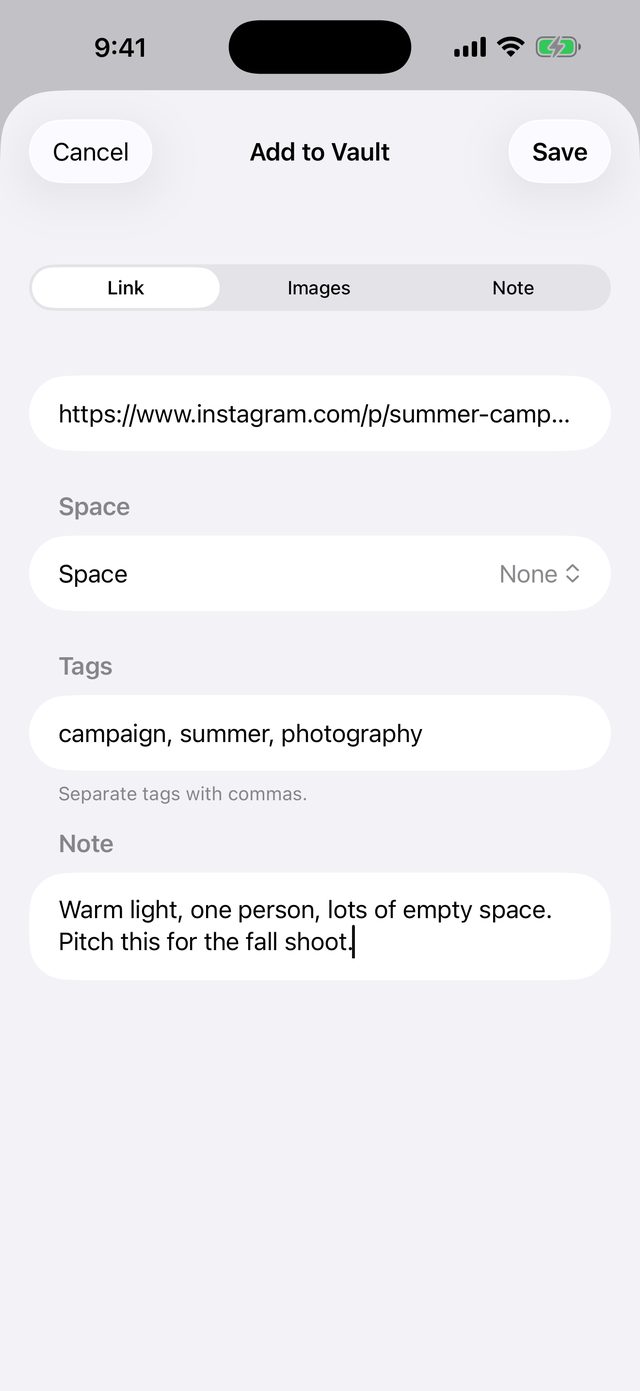 Adding a link with a space, tags and a note